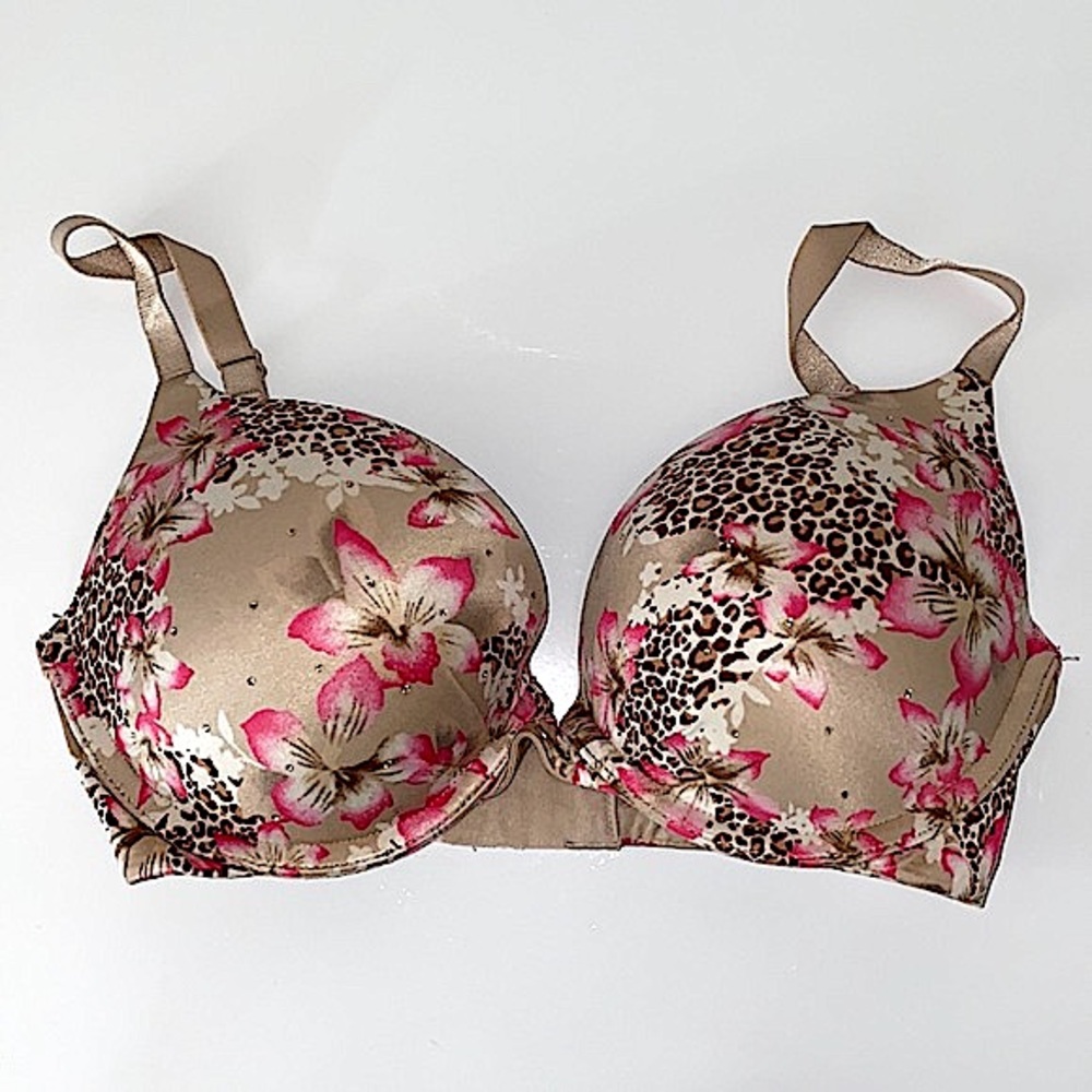 Victoria’s Secret Plunge 32DD Bra Cheetah Print Floral Bling Padded adjustable